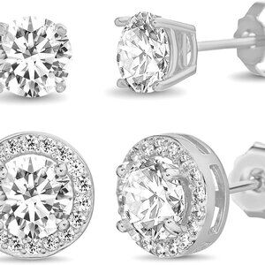 Silver Rhodium Plated Cubic Zirconia Stud Earrings for Women, 2-Pair Set, Elegan